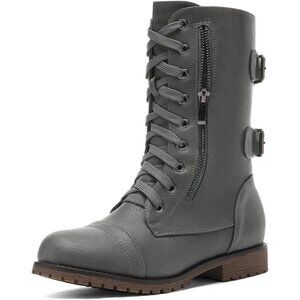 Women's Grey Mid Calf Built-in Wallet Pocket Lace up Military Combat Boots